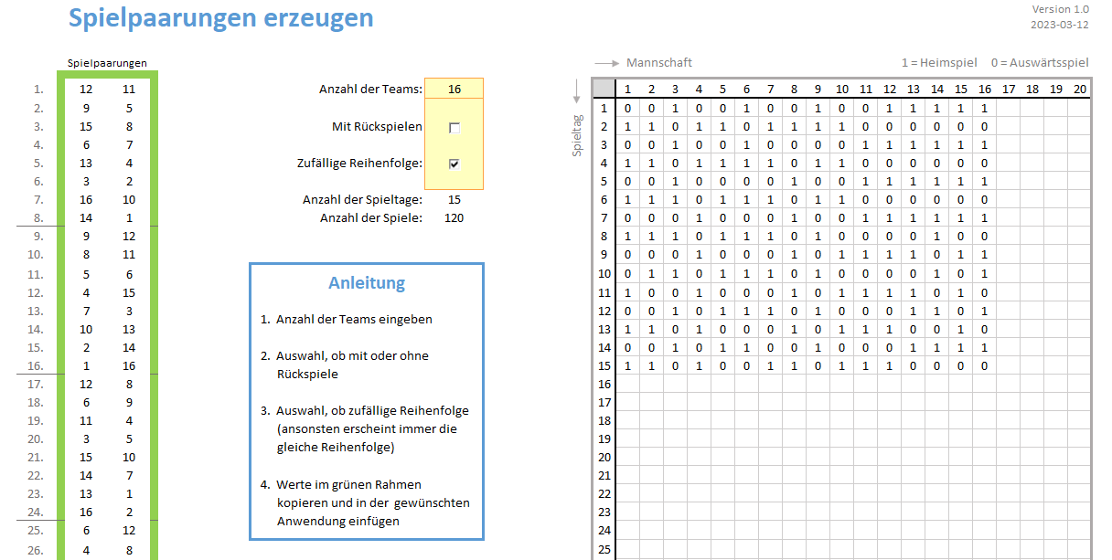 Planung des Turniers - Spielpaarungen generieren