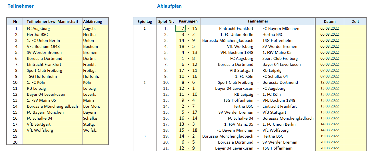 Planung des Turniers - Begegnungen und Zeitplan