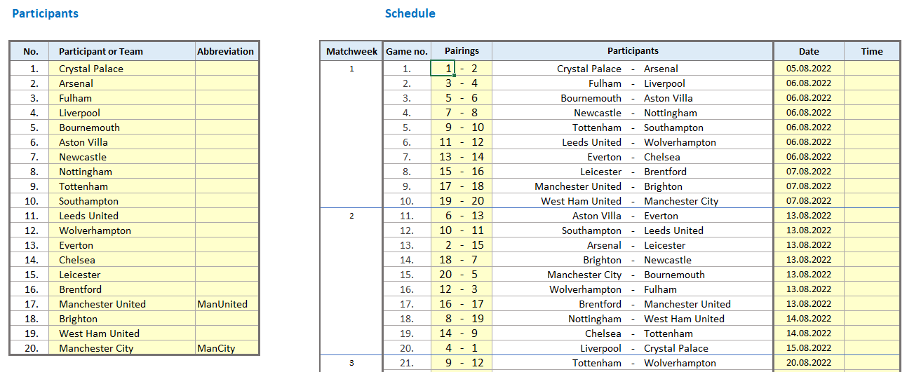 Tournament planning - matches and schedule