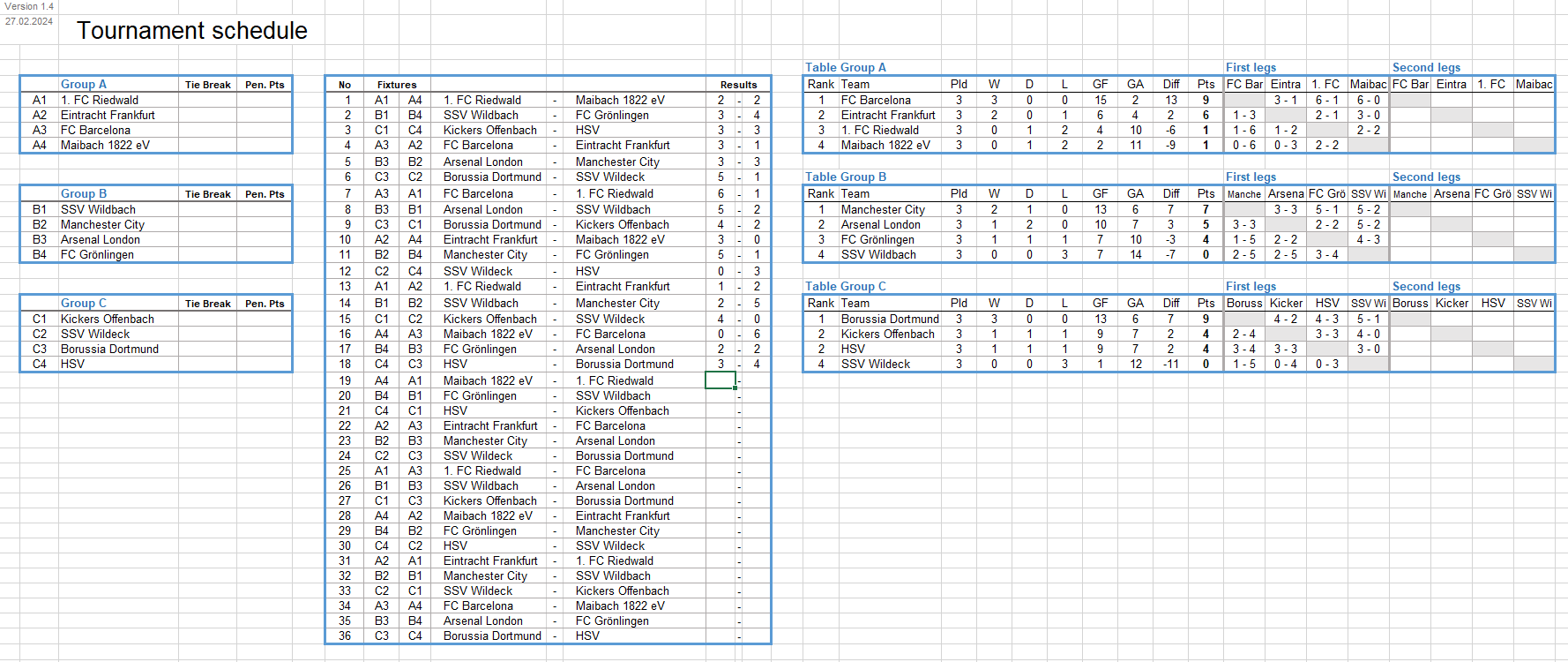 View of the tournament schedule