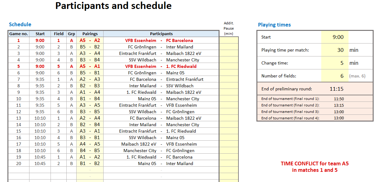 Planning the tournament - time conflict in the schedule
