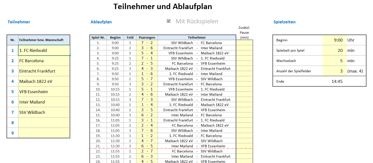 Planung des Turniers - Begegnungen und Zeitplan