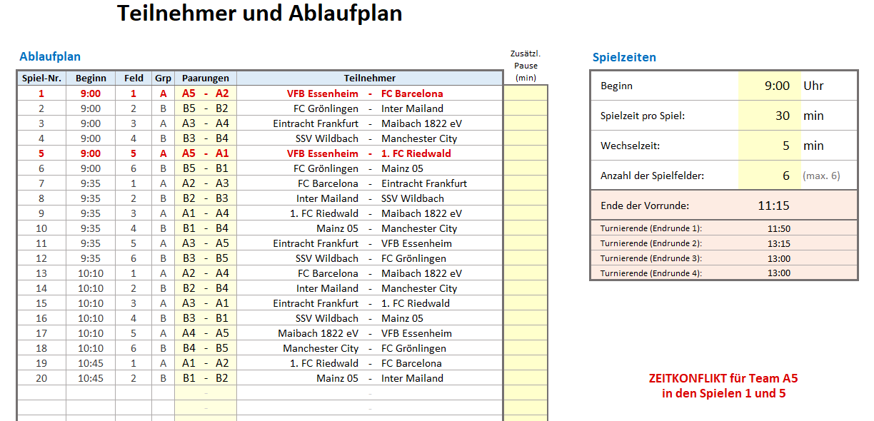 Planung des Turniers - Zeitkonflikt im Zeitplan