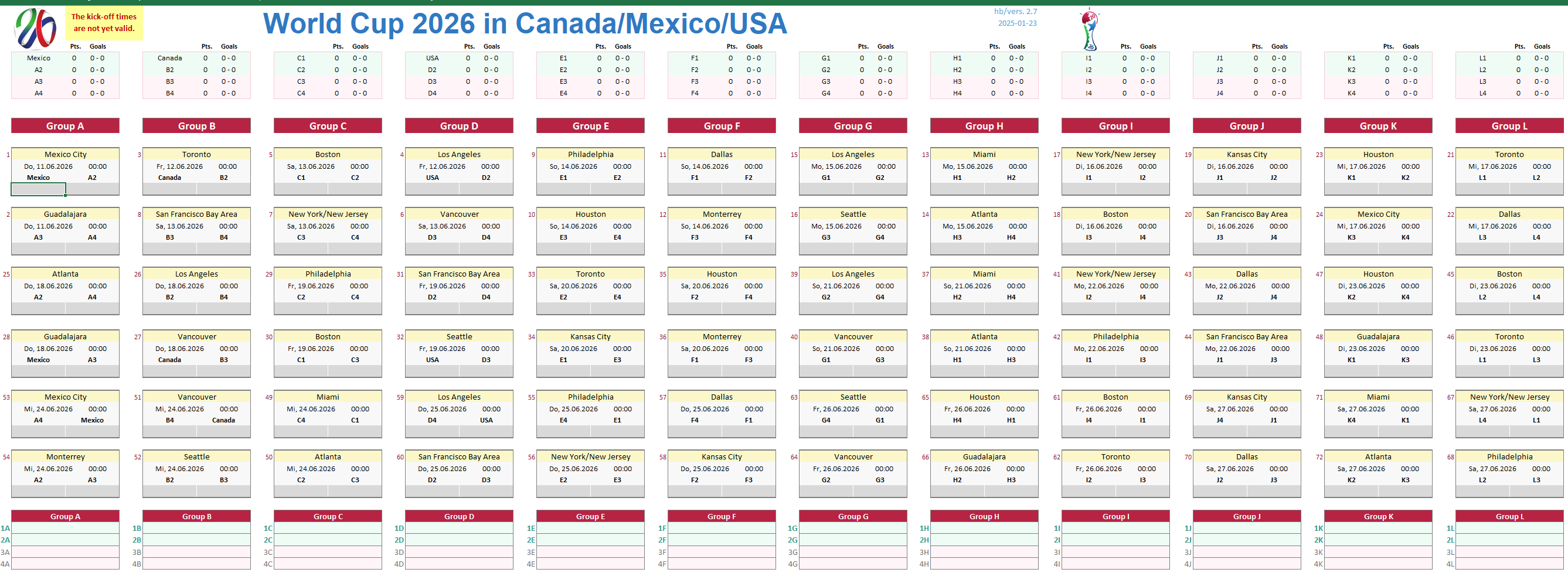 Preview of the Excel Schedule World Cup 2026