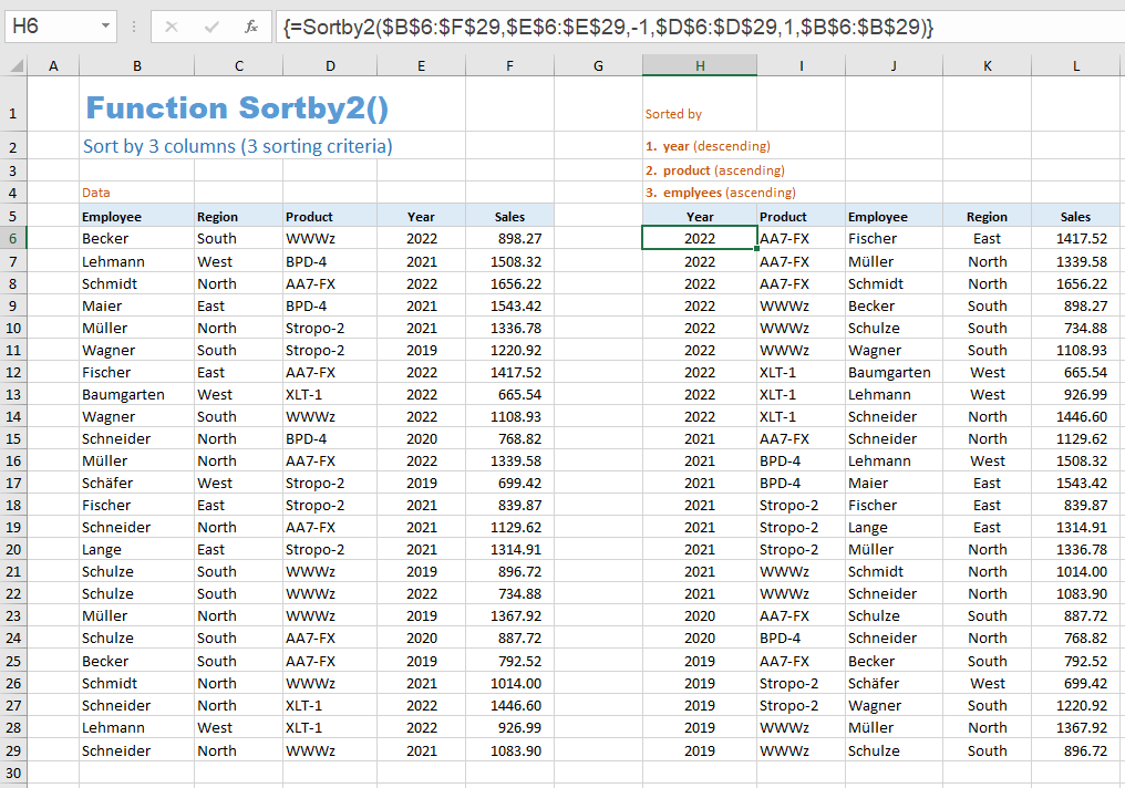 Excel example of the function Sortby2
