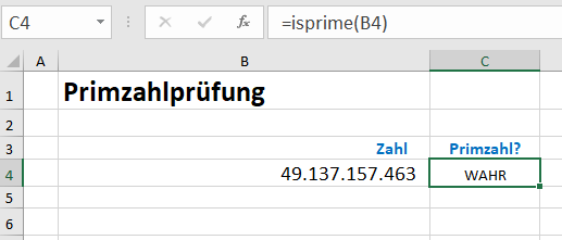 Excel Tabellenblatt: Aufruf der Funktion 'isprime()'