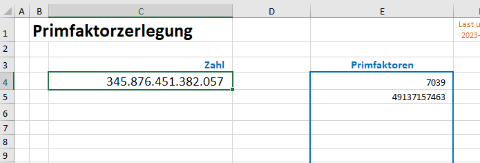 Excel Tabellenblatt: Aufruf der Funktion 'primeFacts()'