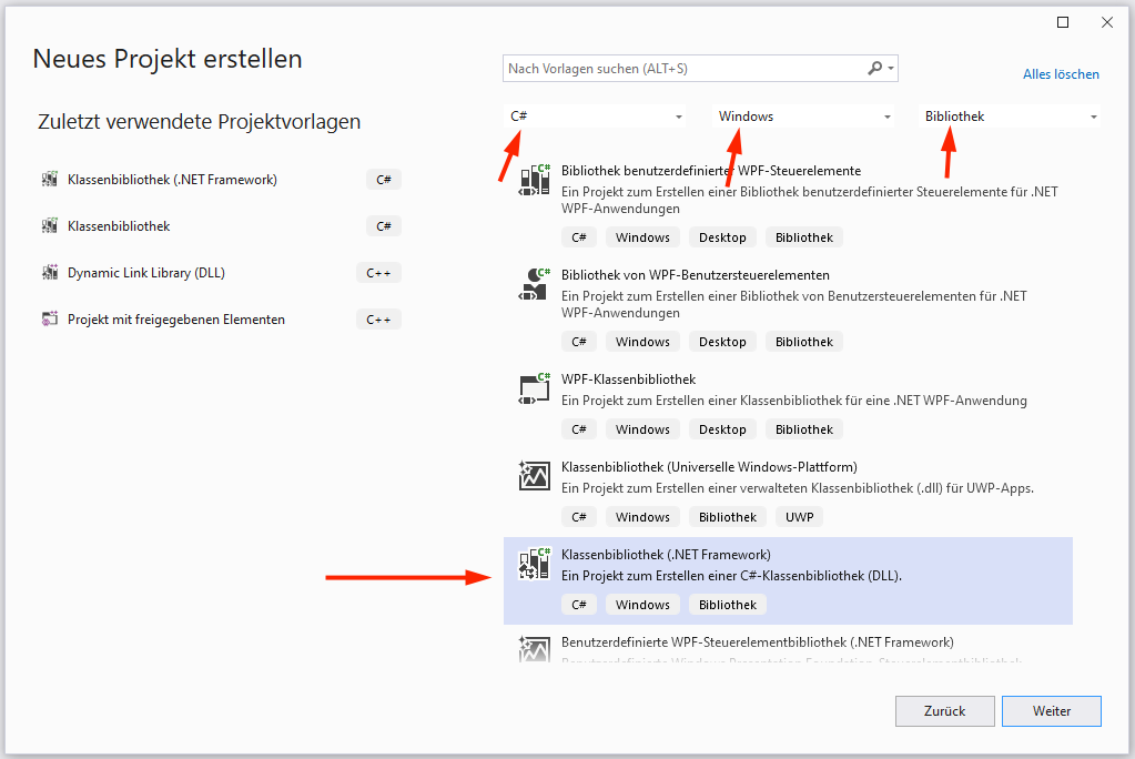 Projektvorlage wählen