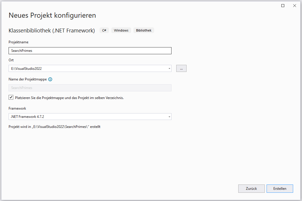 Projektname und Framework wählen