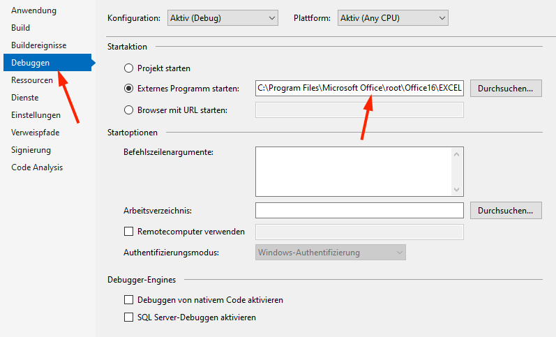 Einstellungen für Debuggen