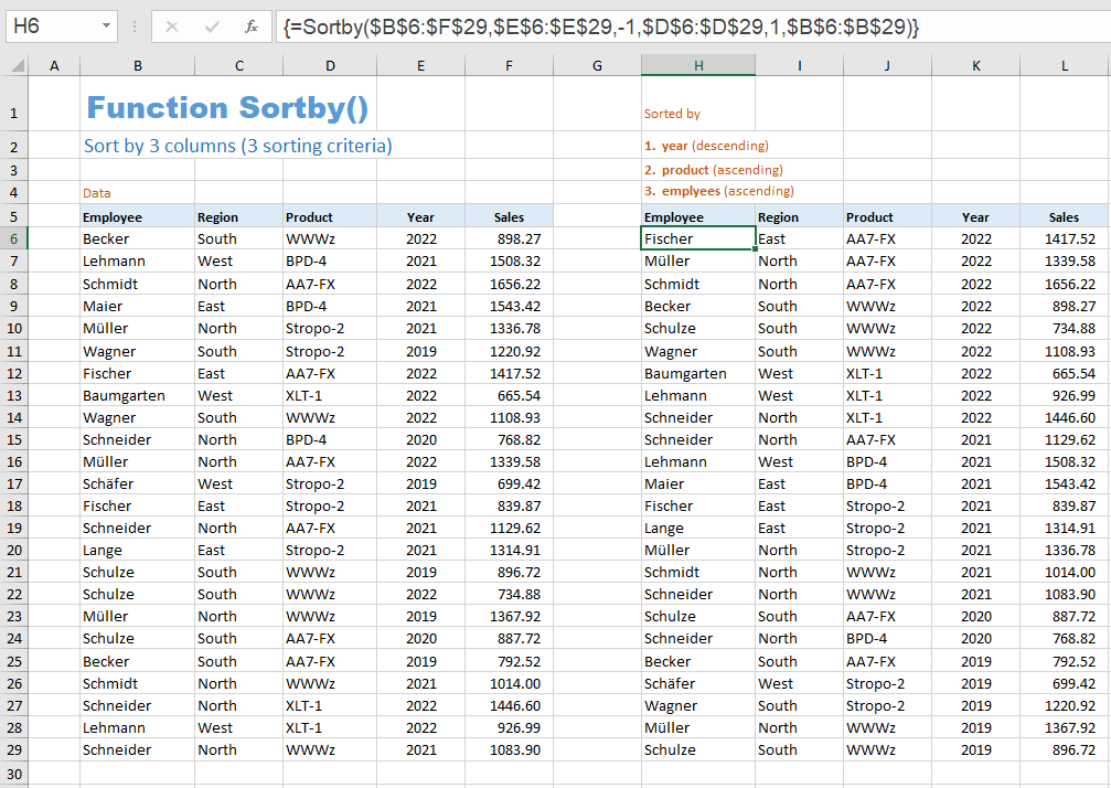 Function SORT: Sorting by multiple sorting criteria