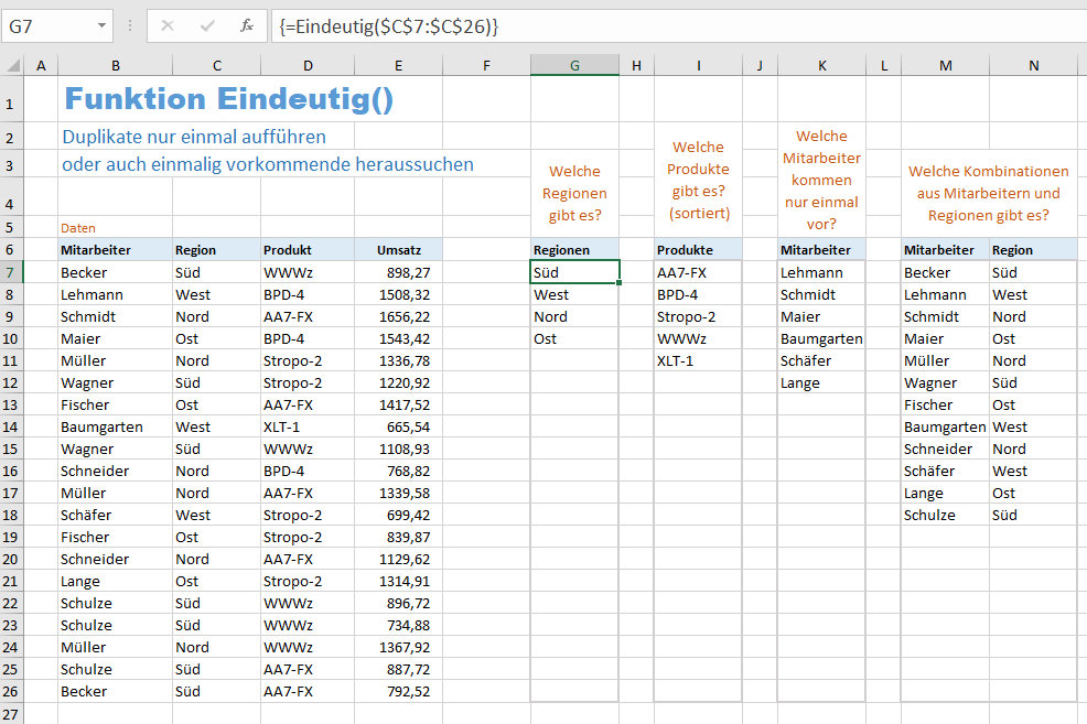 Excel Beispiele für die Funktion Eindeutig