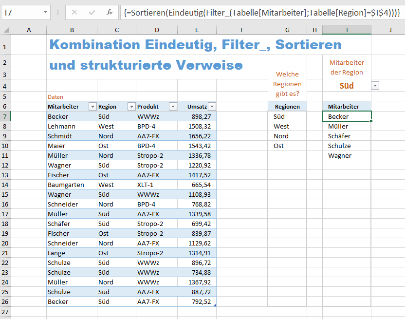 Beispiel für die Kombination von Sortieren, Filter_ und Eindeutig