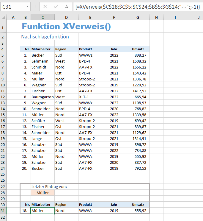 Beispiel für die Funktion XVERWEIS