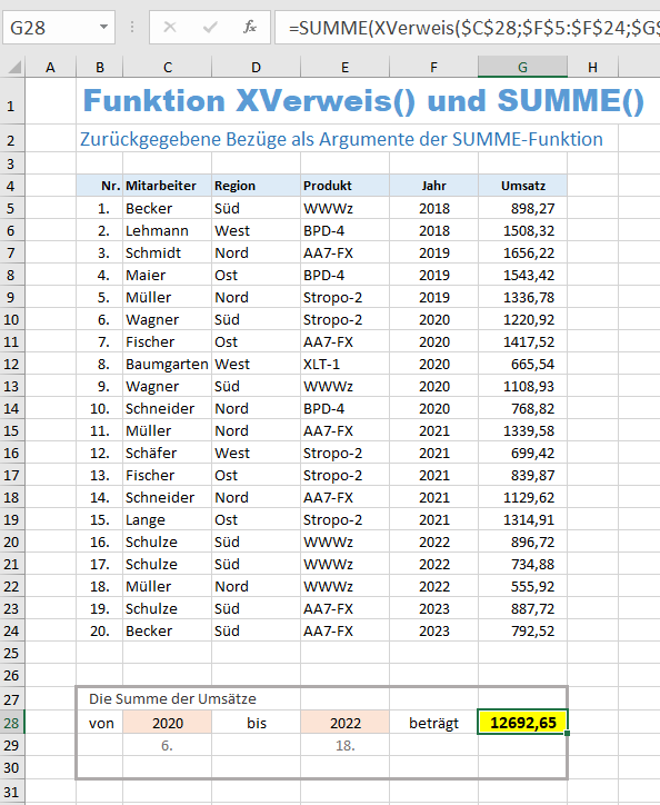 Beispiel für die Funktion XVERWEIS