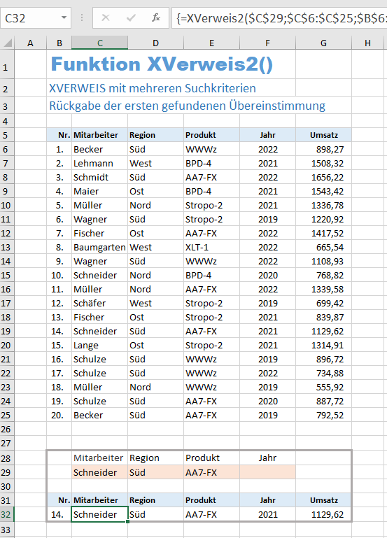 Beispiel für die Funktion XVERWEIS2