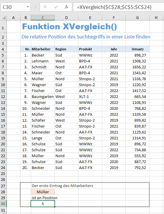 Beispiel für die XVERGLEICH Funktion