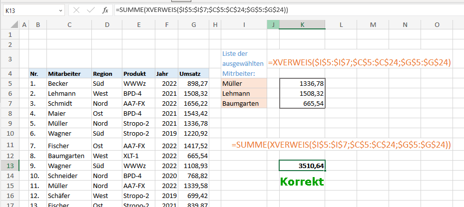 XVERWEIS in Matrixformeln