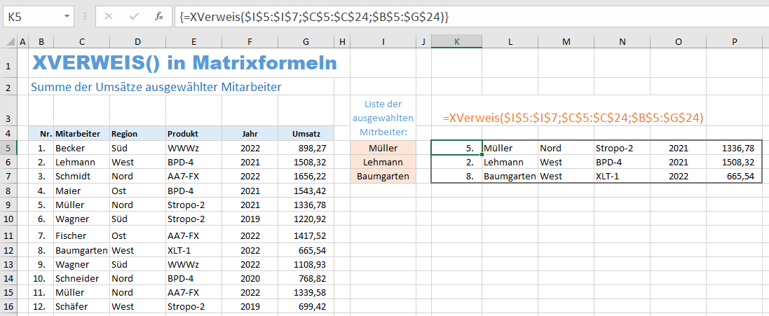 XVERWEIS in Matrixformeln