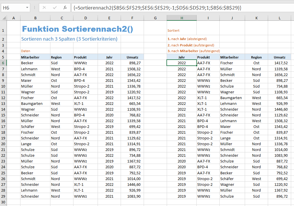 Excel Beispiel für die Funktion Sortierennach2